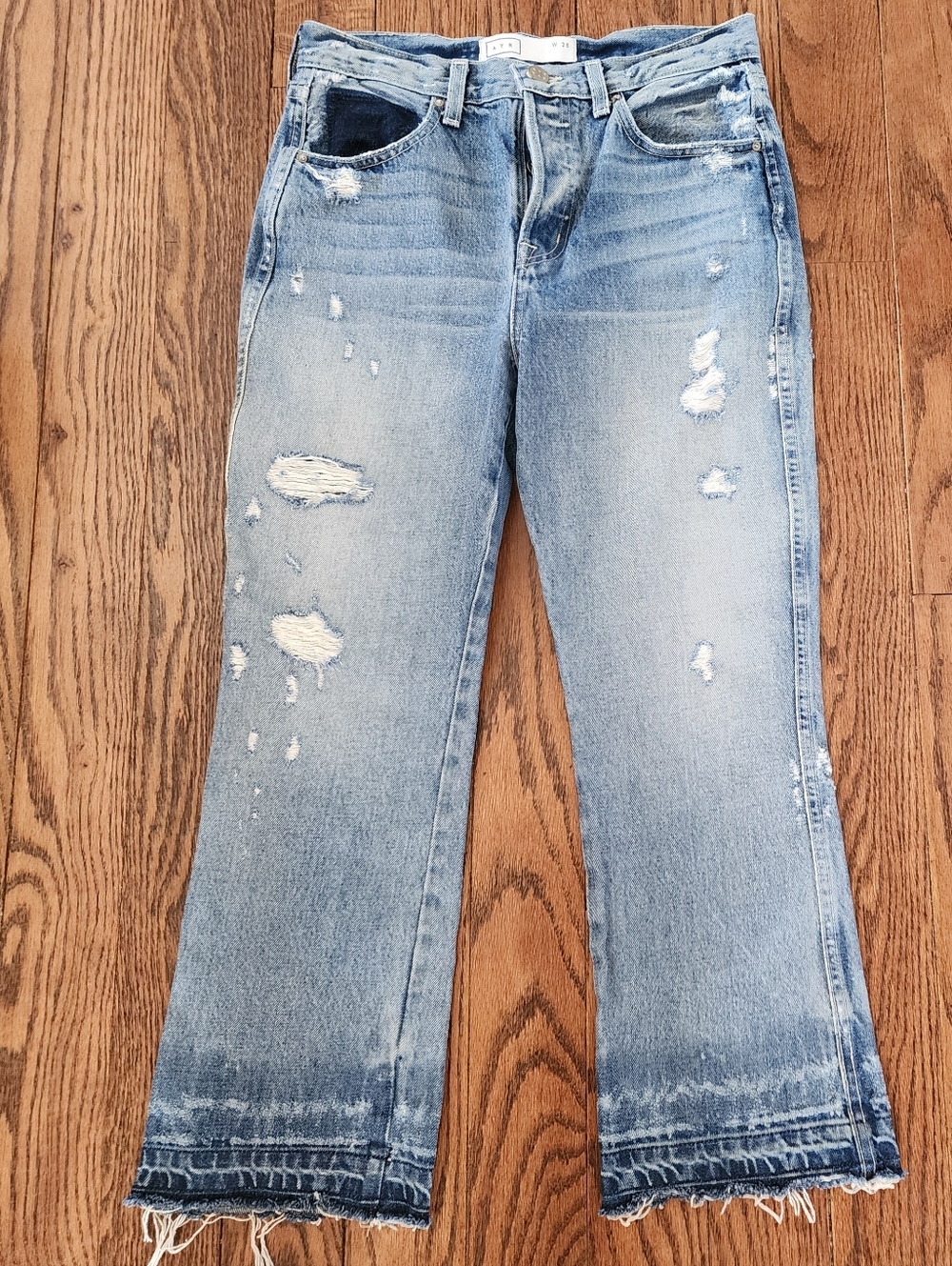 AYR The Pop Jeans Crop 28 High Rise Distressed Patchwork Edgy Designer Button Fl